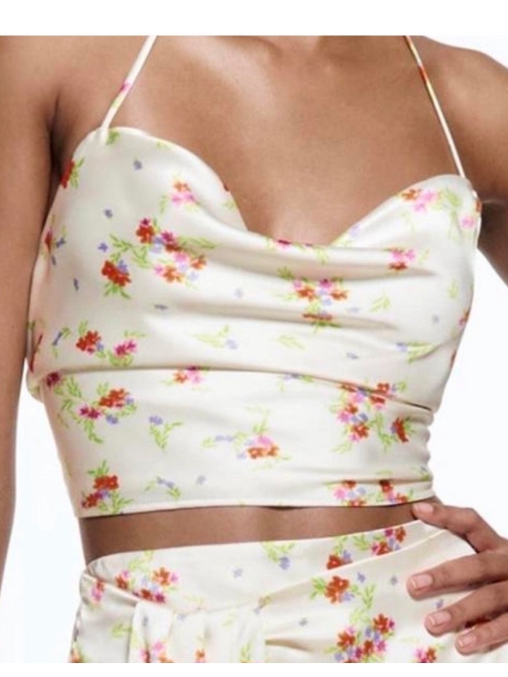 Zara Cream Floral Cowl-Front Crop Top